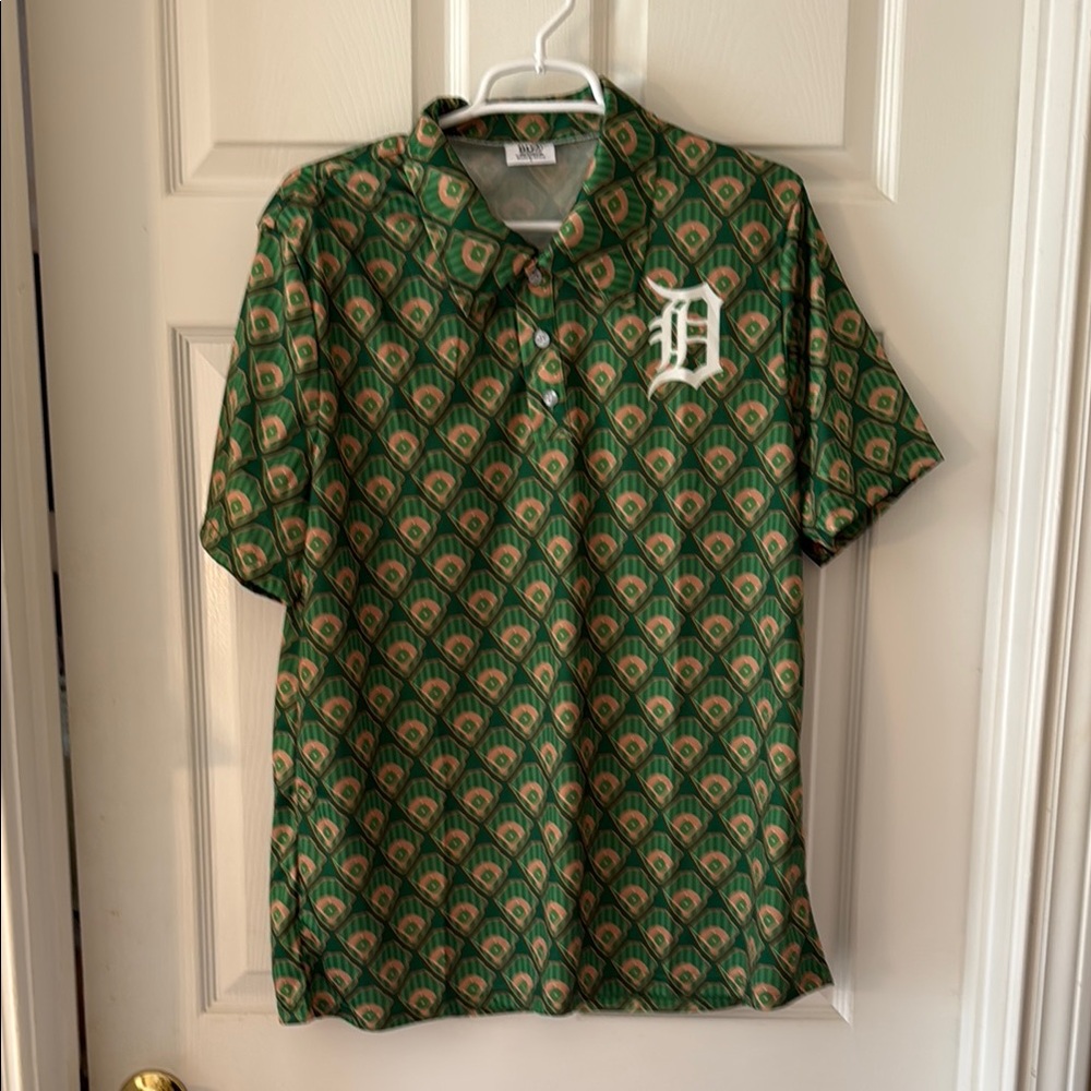 Detroit Tigers Baseball Diamond Green Patterned Men's Shirt Polo